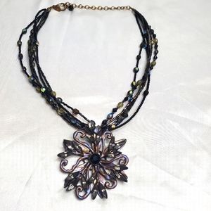 Chico’s Rhinestone Flower Pendant 5 Strand Necklace Gothic‎ Dark Iridescent